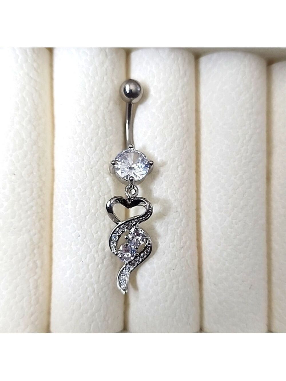 14 G SURGICAL STEEL DANGLE  Heart  BELLY BUTTON Simulated Diamond